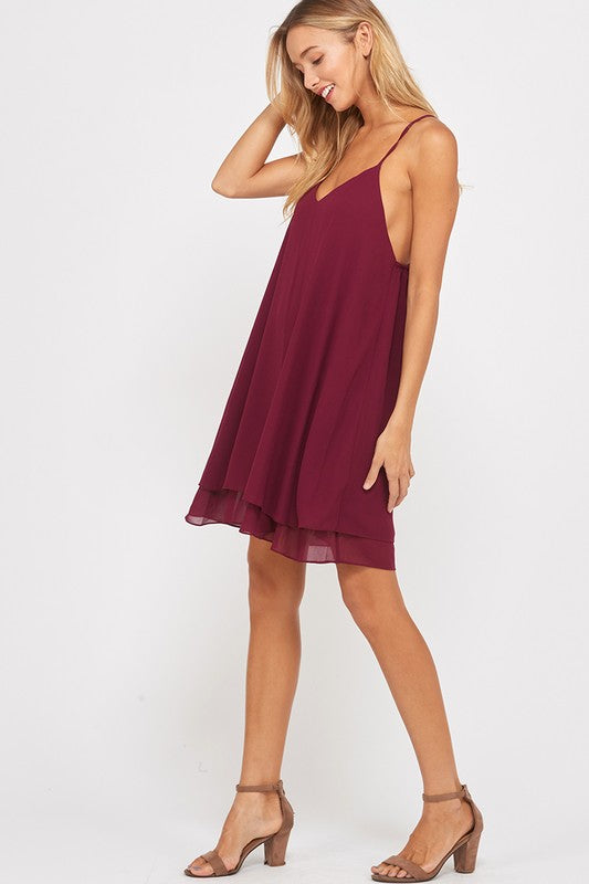 Essential Double Layered V-Neck Sleeveless Dress in Burgundy
