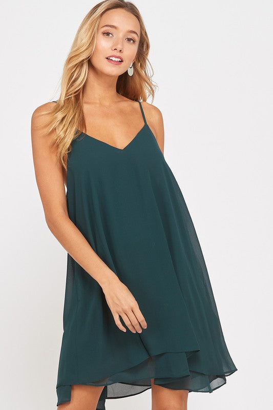 Essential Double Layered V-Neck Sleeveless Dress in Hunter Green