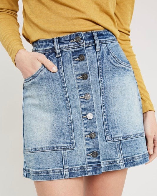Denim Washed Front Button Down Mini Skirt
