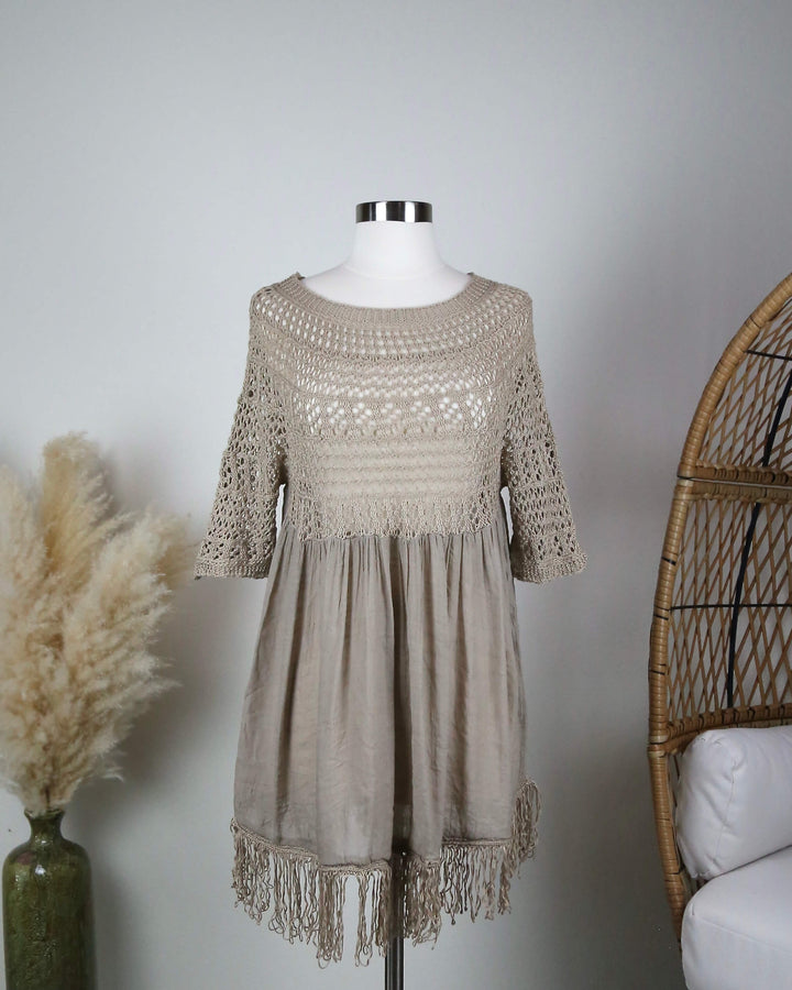 tunic dress - knit - crochet - fringe - khaki