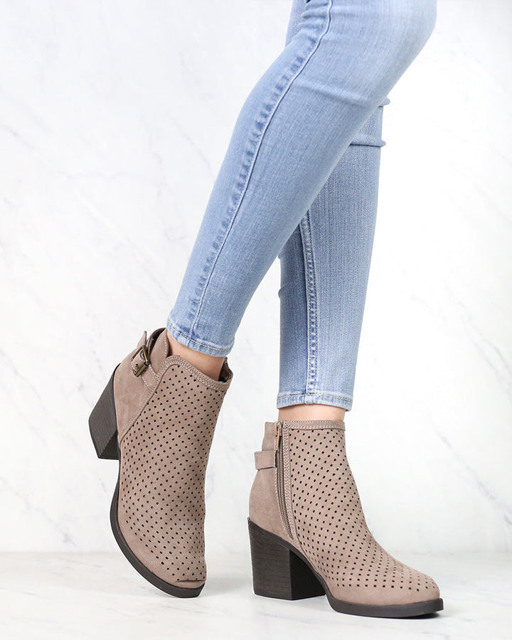 Diamond Perforated Back Buckle Faux Suede Ankle Bootie in Light Taupe