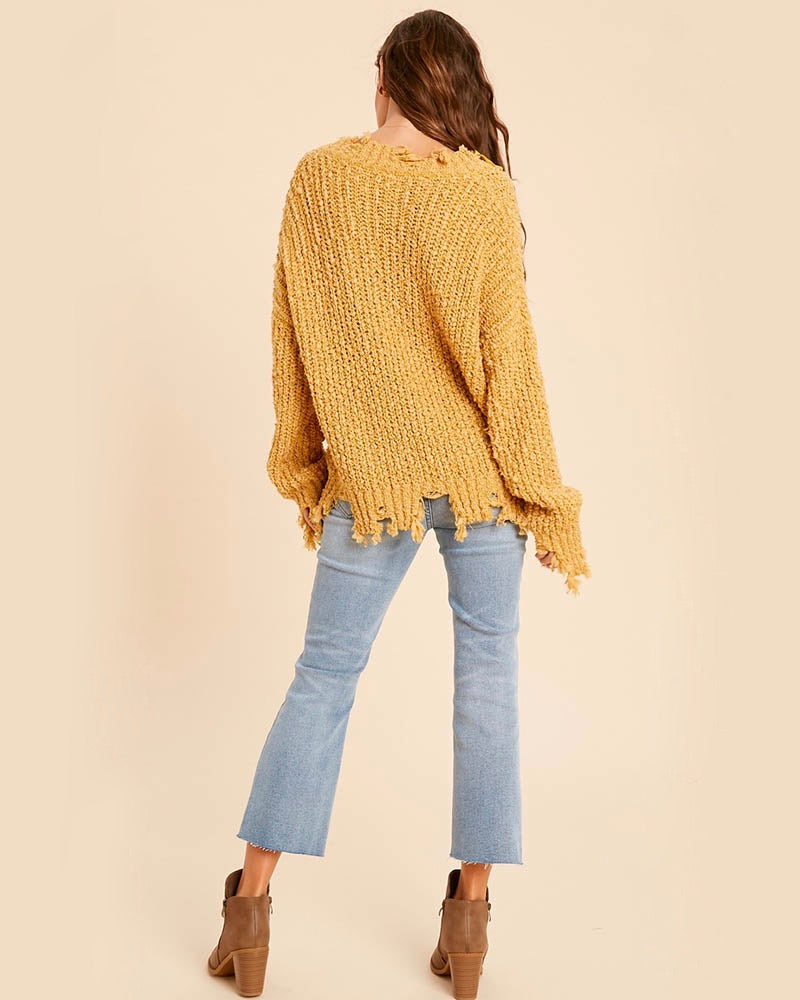 Distressed Hem Popcorn Yarn Knit V-Neck Sweater - Mustard