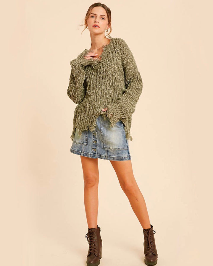 Distressed Hem Popcorn Yarn Knit V-Neck Sweater - Olive