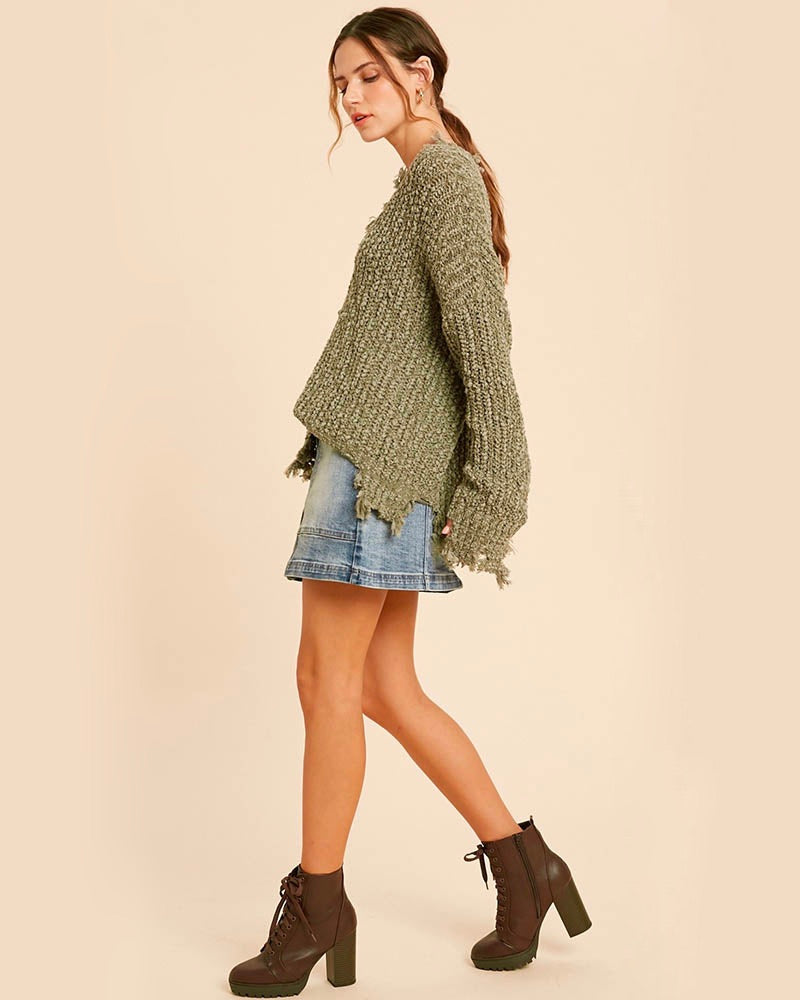 Distressed Hem Popcorn Yarn Knit V-Neck Sweater - Olive