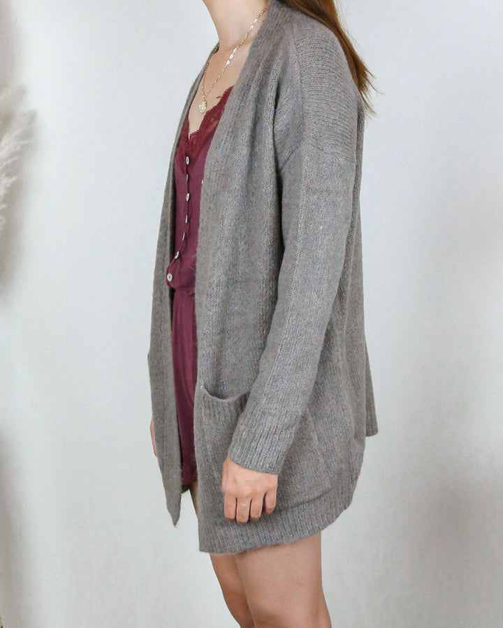 Dreamers - Lapel Detail Fuzzy Open Front Cardigan in Mocha