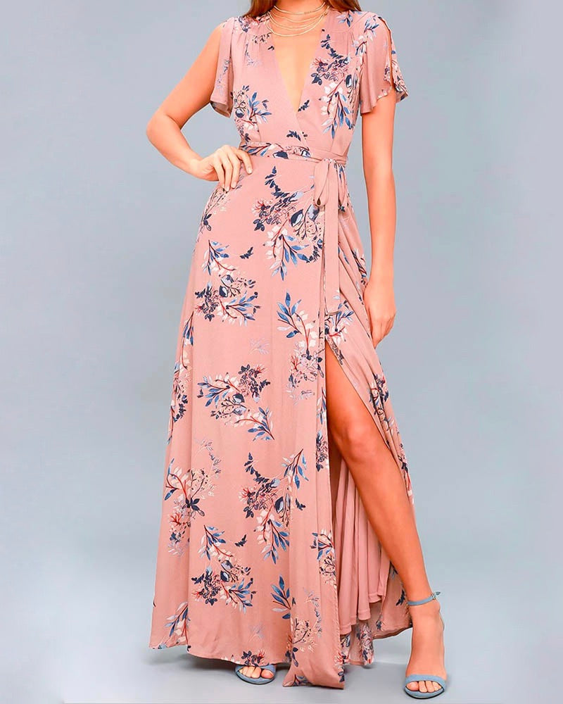 Floral Print Surplice Maxi Dress in Mauve