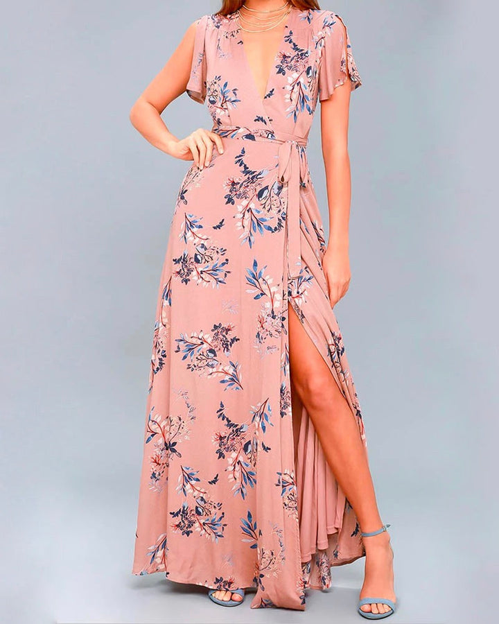 Floral Print Surplice Maxi Dress in Mauve