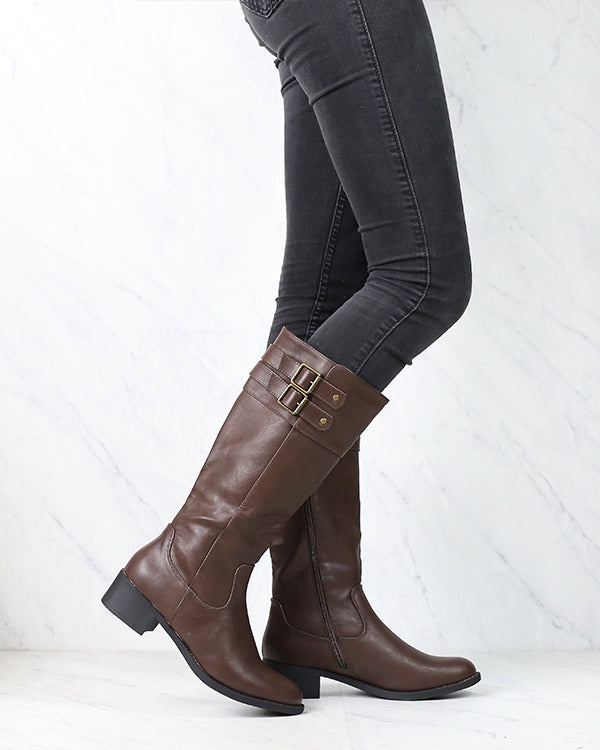 Faux Leather Knee High Riding Boots - Dark Brown