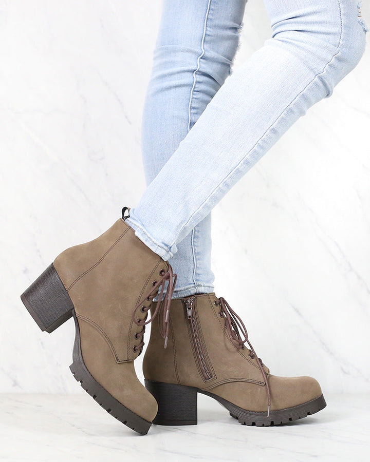 Faux Nubuck Leather Lace Up Chunky Heel Combat Boots in Brown