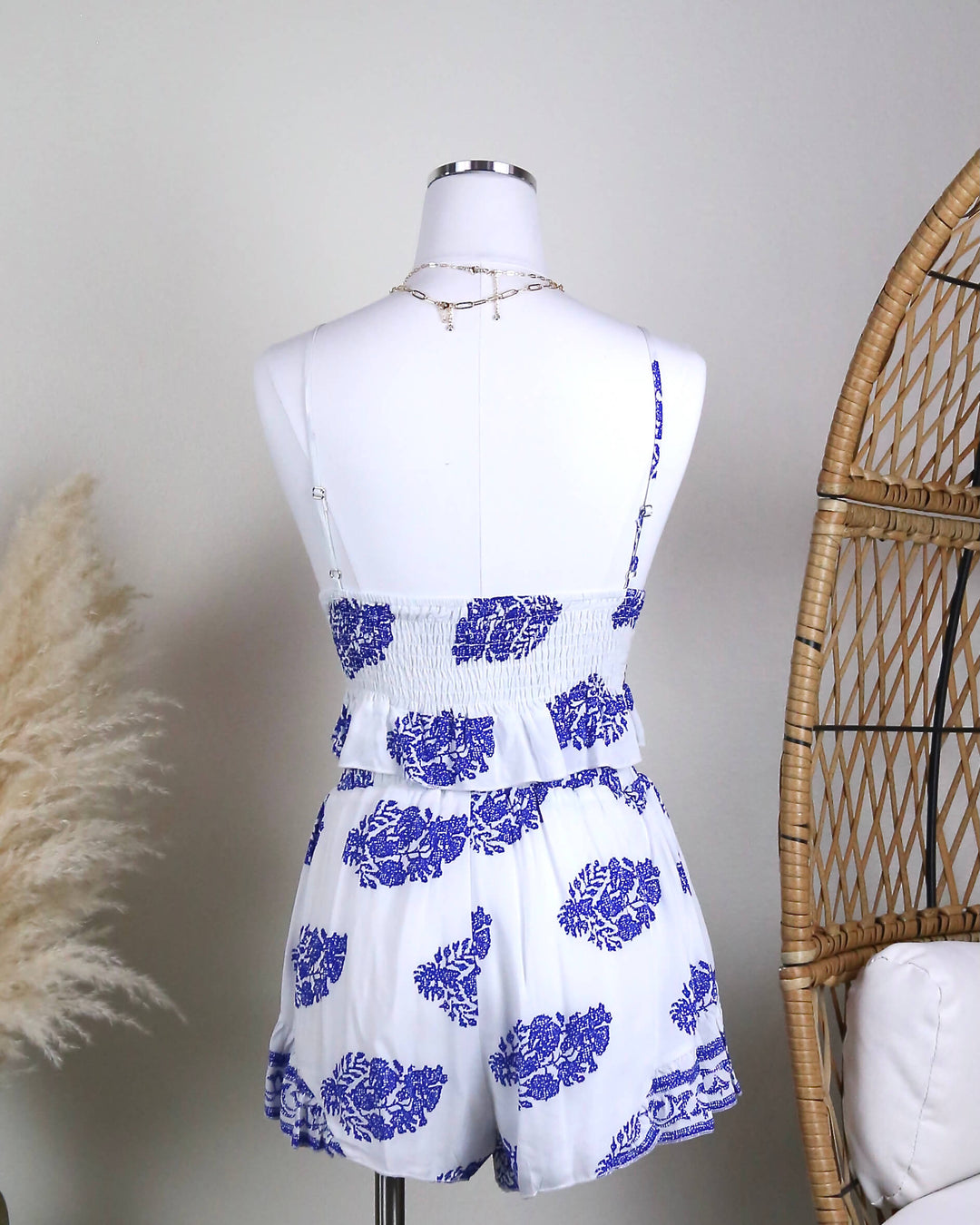 Final Sale - Festival Shop - Boho Print Two Piece Set - White/Blue