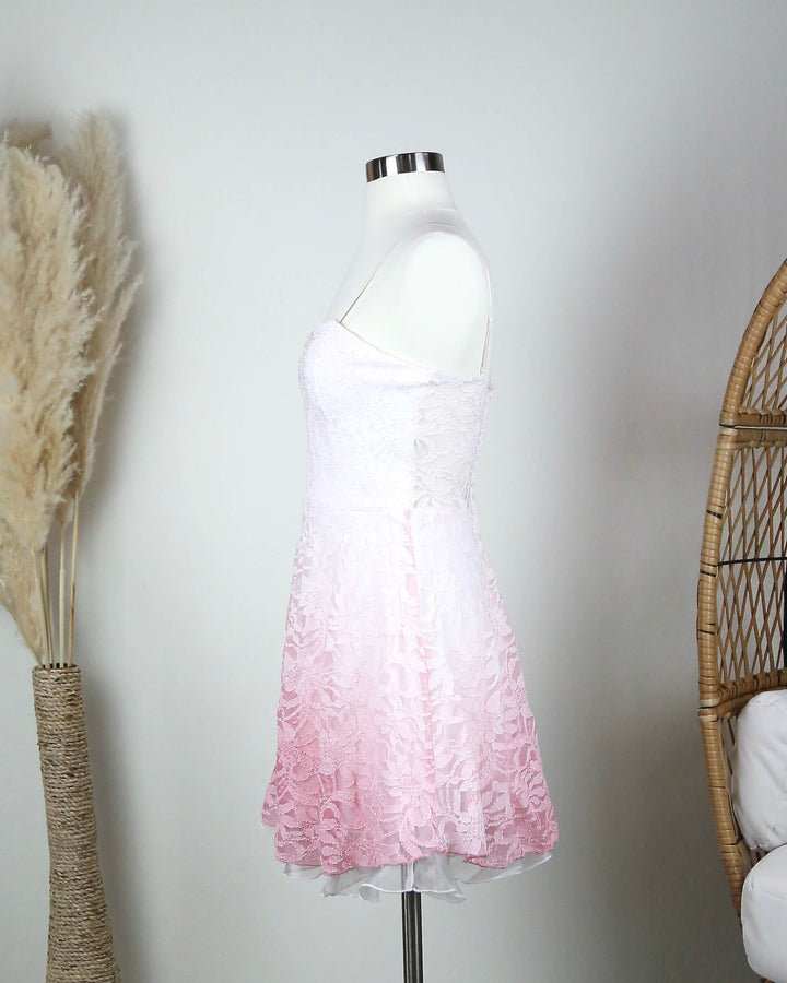 Final Sale - Glits & Glams Lacy Floral Dip Dye Fit and Flare Dress in Pink