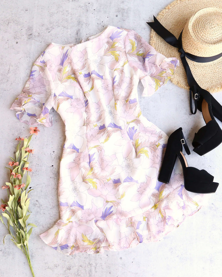 Open Back Floral Printed Chiffon Mini Dress in White