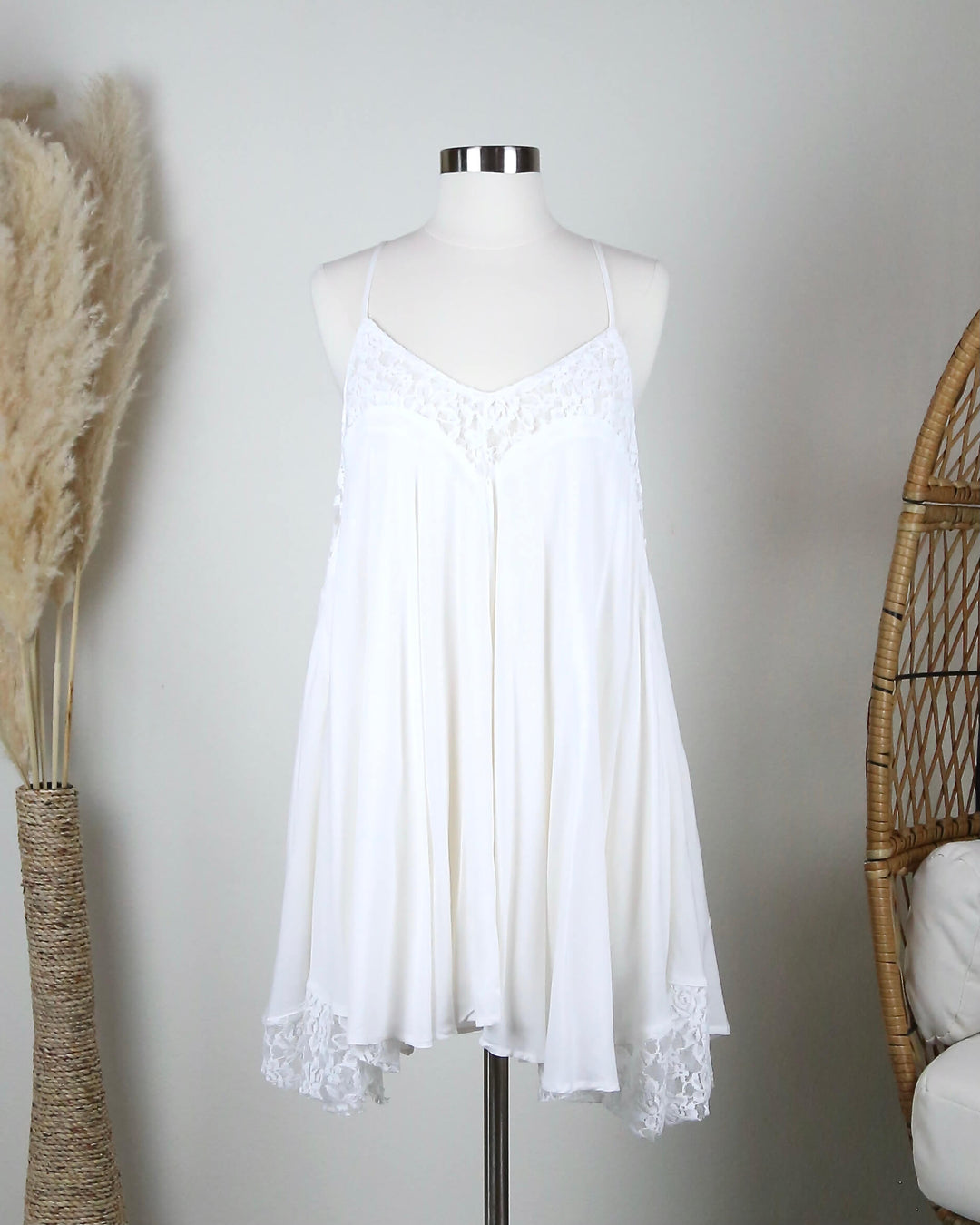 lace trim - flowy - tunic - dress - spaghetti strap - ivory