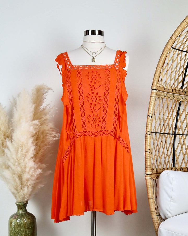 free people - dress - eyelet - crochet - ruffle trim - raw cut edge - asymmetrical - orange