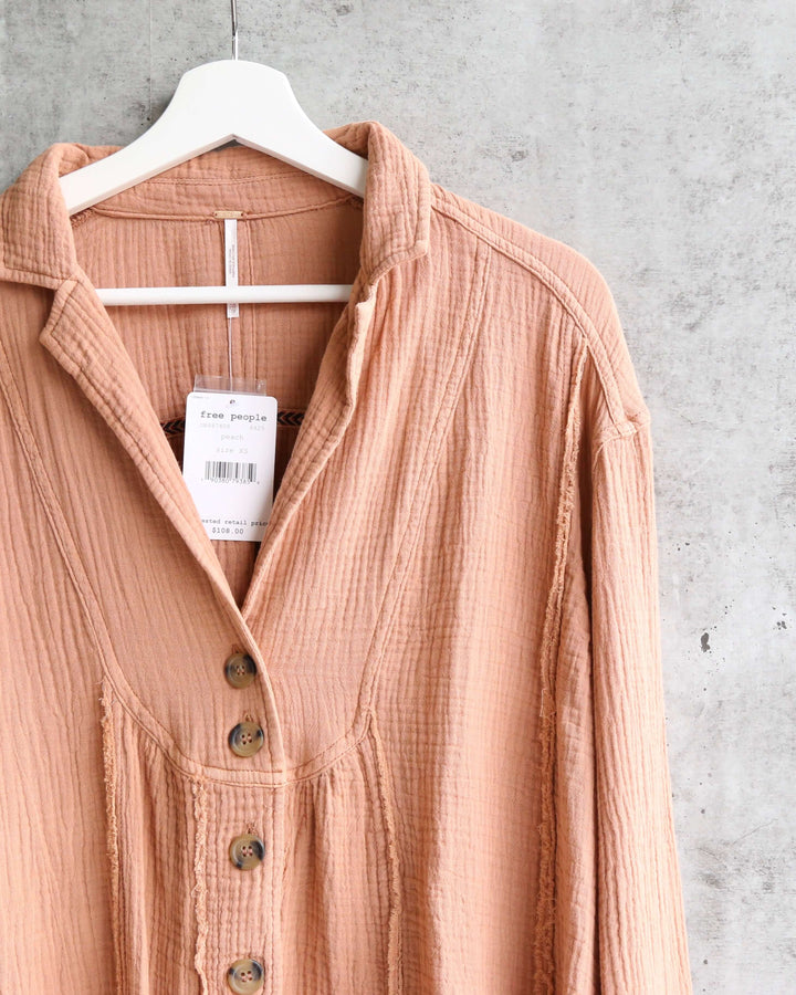 Free People - All About The Feels Linen Button Down Top - Peach