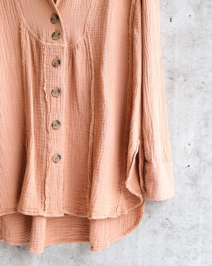 Free People - All About The Feels Linen Button Down Top - Peach