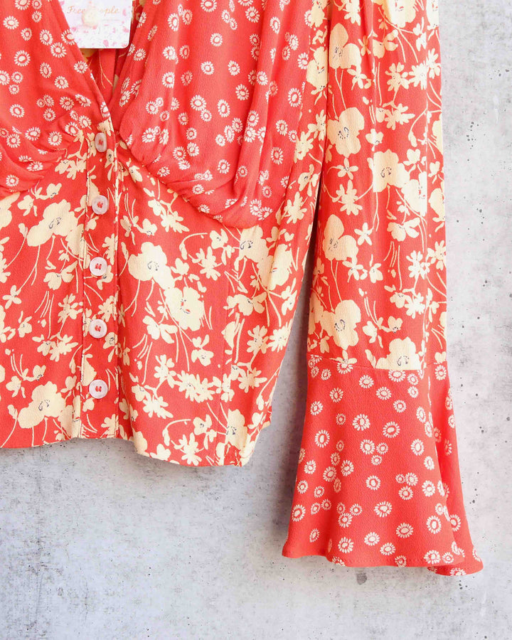 Free People - Lady Bohemian Button Front Floral Printed Blouse - Red