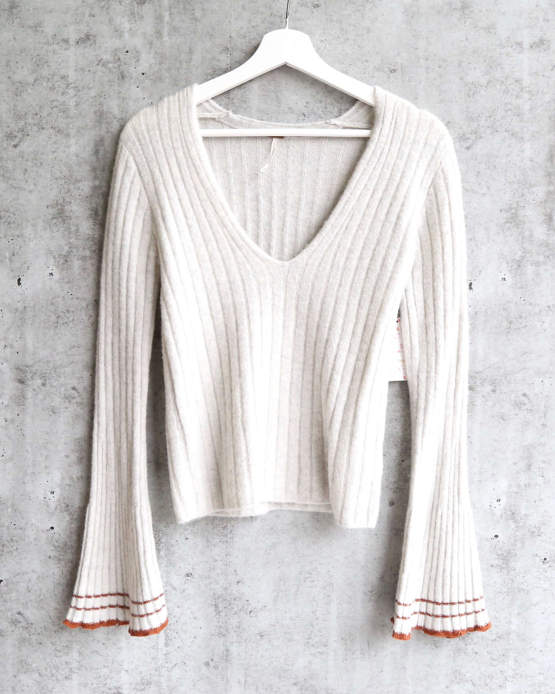 Free People - May Morning Wool Blend Ribbed Striped Flutted Bell Sleeve Sweater - Neutral