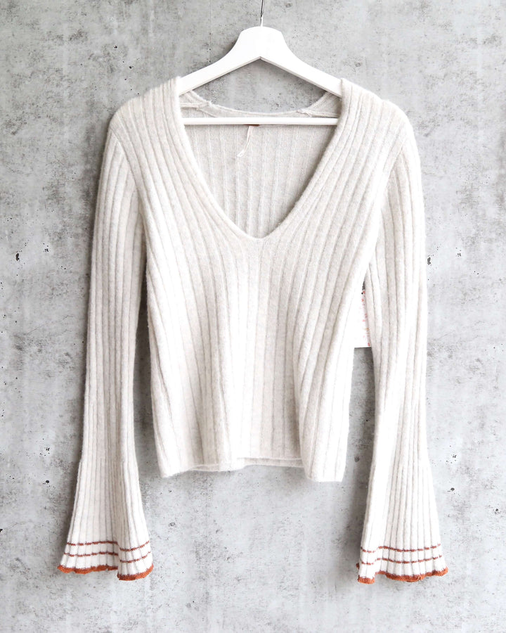 Free People - May Morning Wool Blend Ribbed Striped Flutted Bell Sleeve Sweater - Neutral