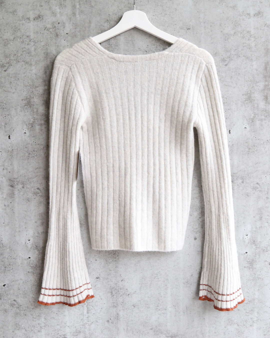 Free People - May Morning Wool Blend Ribbed Striped Flutted Bell Sleeve Sweater - Neutral