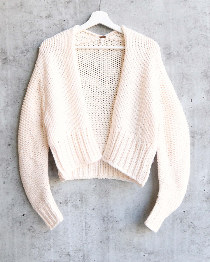 Free People Glow For It Chunky Knit Open Front Ribbed Hem Cardi in Ivory