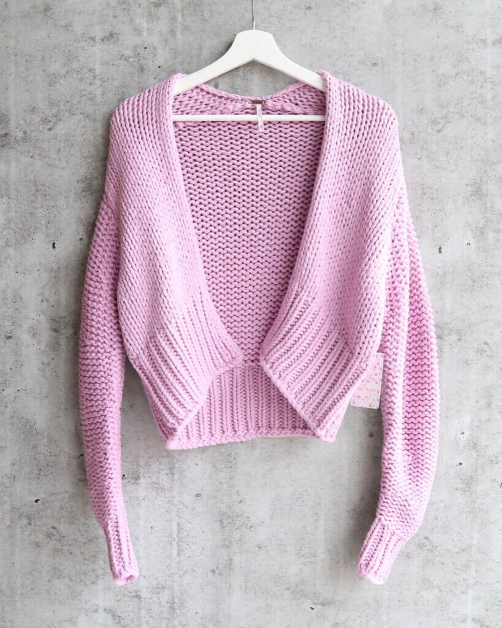 Free People Glow For It Chunky Knit Open Front Ribbed Hem Cardi in Lavender / Purple Moon