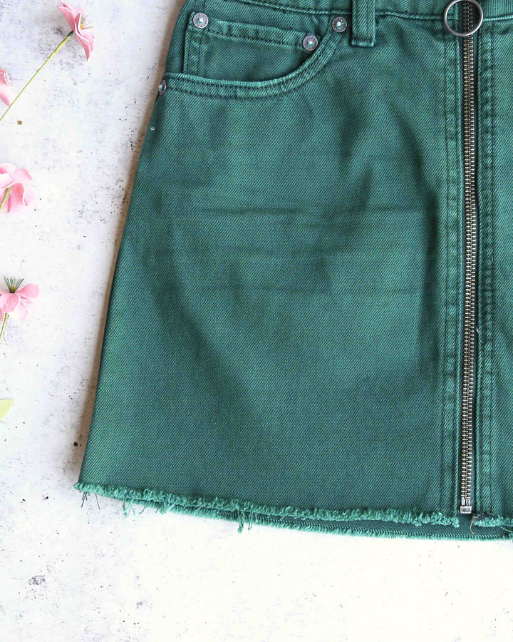 Free People - Front Zip It Up Denim Mini Skirt With Frayed Hem in Wilderness Green