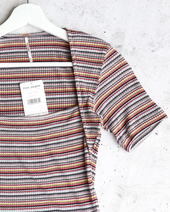 Free People Striped Wild Square Neck Retro Inspired Tee in Grey