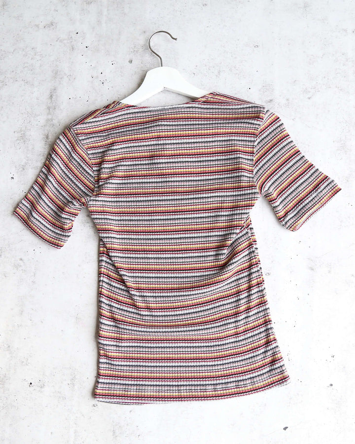 Free People Striped Wild Square Neck Retro Inspired Tee in Grey