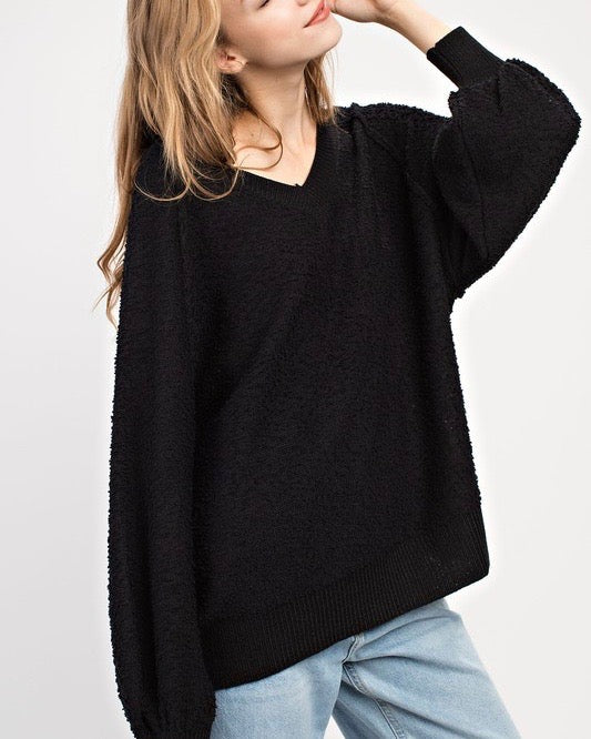 Fuzzy V-Neck Bubble Sleeve Sweater - Black