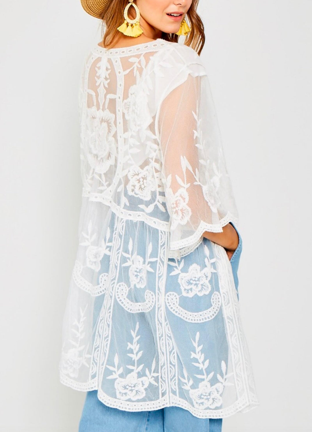 Sheer Lace Tie Front Kimono in Off White