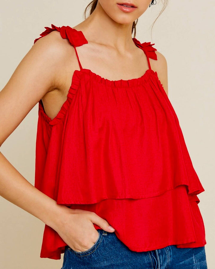 Strangers Tiered Pleated Strap Tank Top in Red