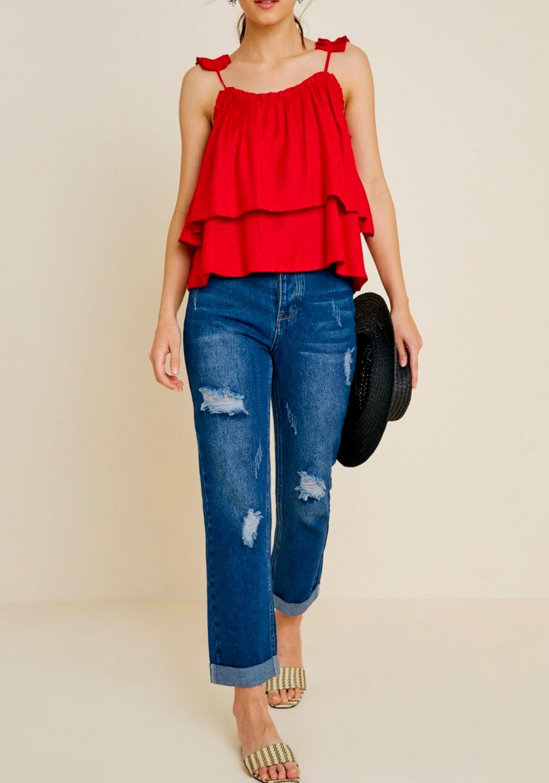 Strangers Tiered Pleated Strap Tank Top in Red