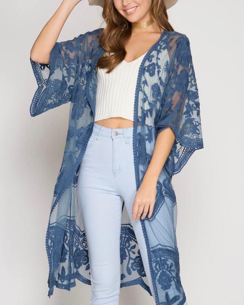 half sleeve - crochet - lace - midi - duster - cardigan - floral - boho - bohemian - beach cover up - blue