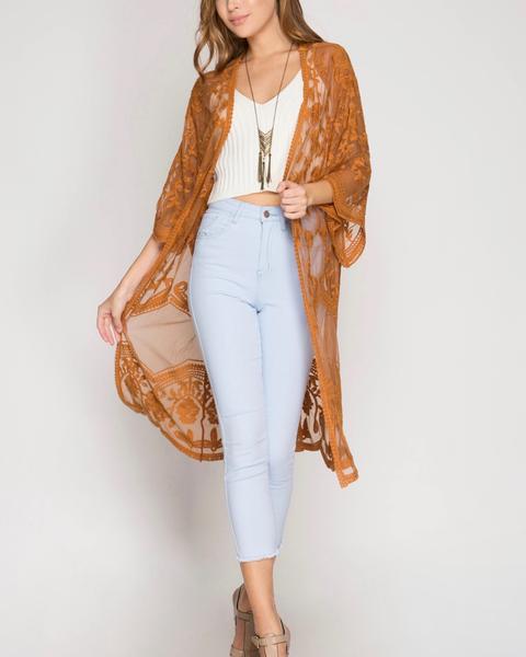 half sleeve - crochet - lace - midi - duster - cardigan - floral - boho - bohemian - beach cover up - camel