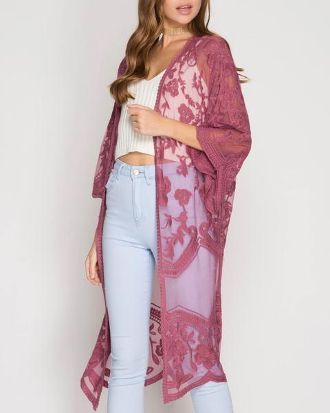 half sleeve - crochet - lace - midi - duster - cardigan - floral - boho - bohemian - beach cover up - mauve
