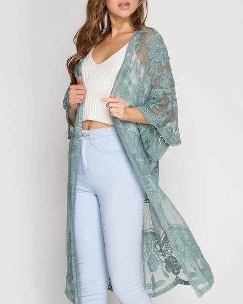 half sleeve - crochet - lace - midi - duster - cardigan - floral - boho - bohemian - beach cover up - slate