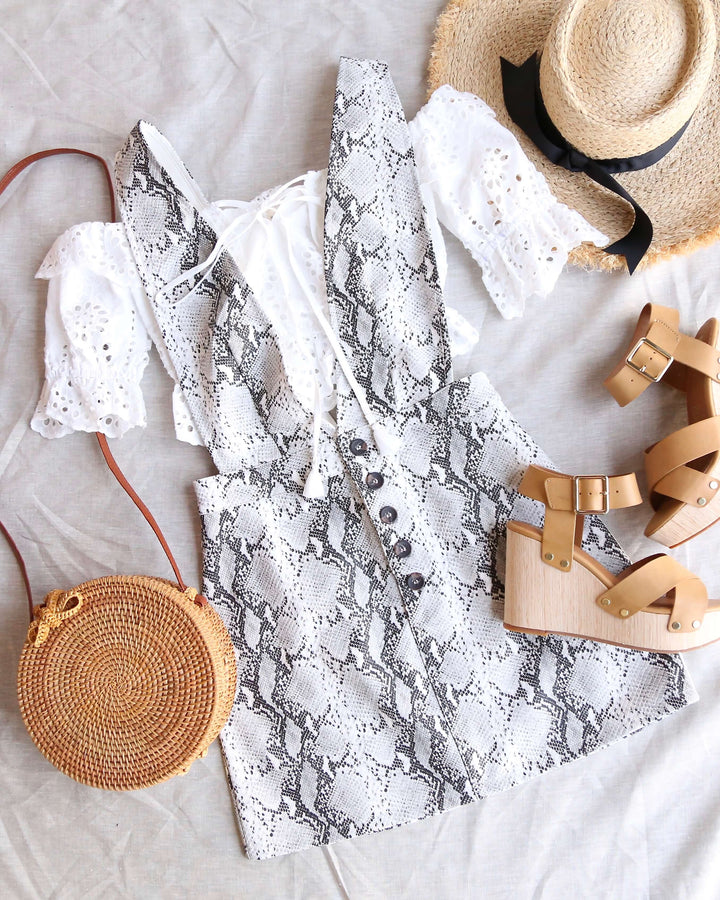 Final Sale - Honey Punch - Deep V Neck Snake Print Pinafore in Grey/Snake Print PU