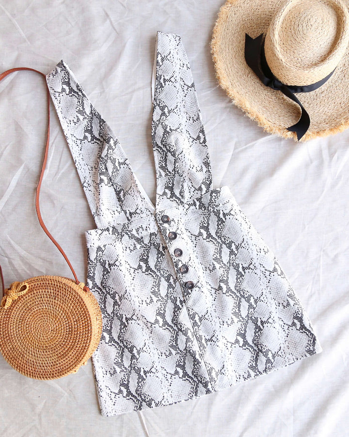 Final Sale - Honey Punch - Deep V Neck Snake Print Pinafore in Grey/Snake Print PU