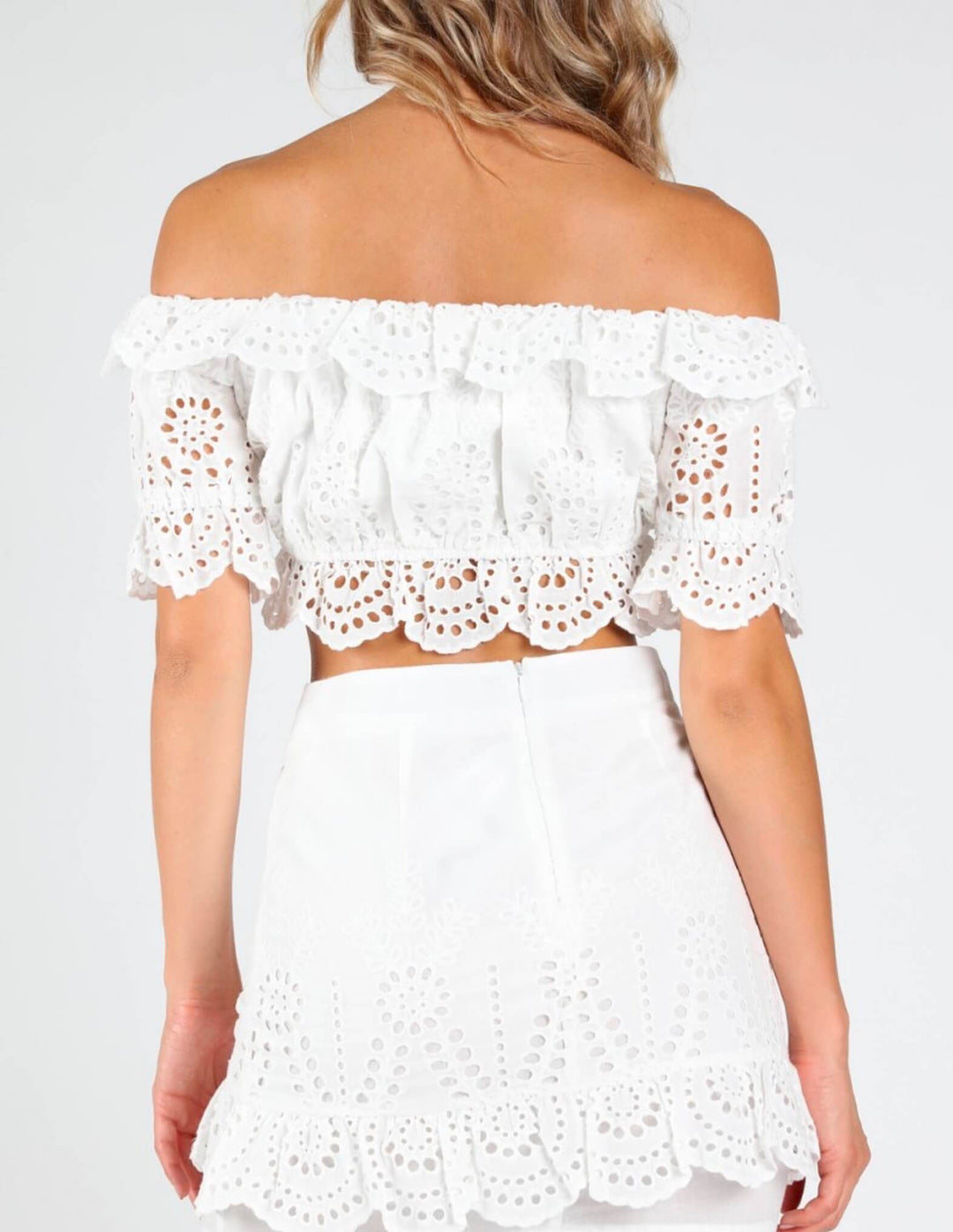 Honey Punch - Eyelet Off-The-Shoulder Crop Top in White