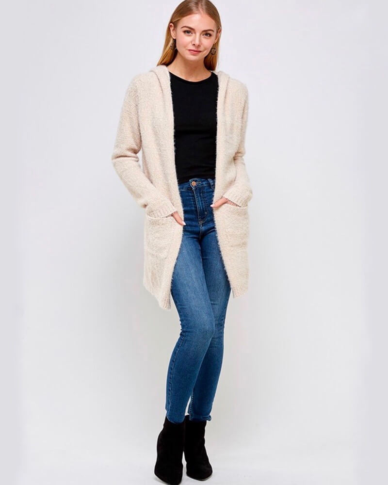Fur Wonderland Hooded Fuzzy Longline Cardigan with Pockets - Cream