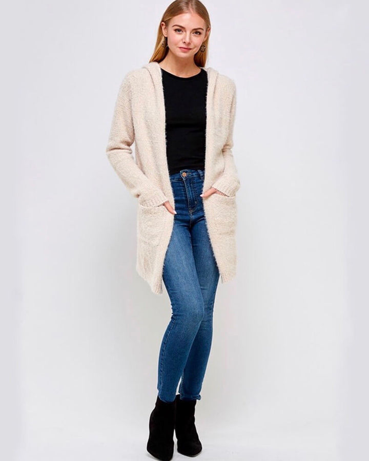 Fur Wonderland Hooded Fuzzy Longline Cardigan with Pockets - Cream