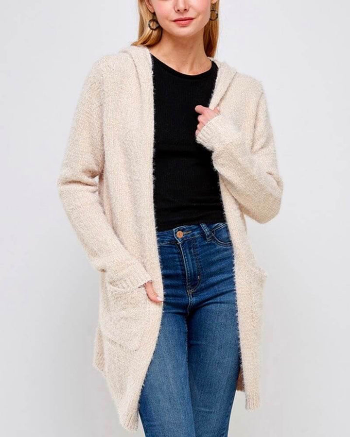 Fur Wonderland Hooded Fuzzy Longline Cardigan with Pockets - Cream