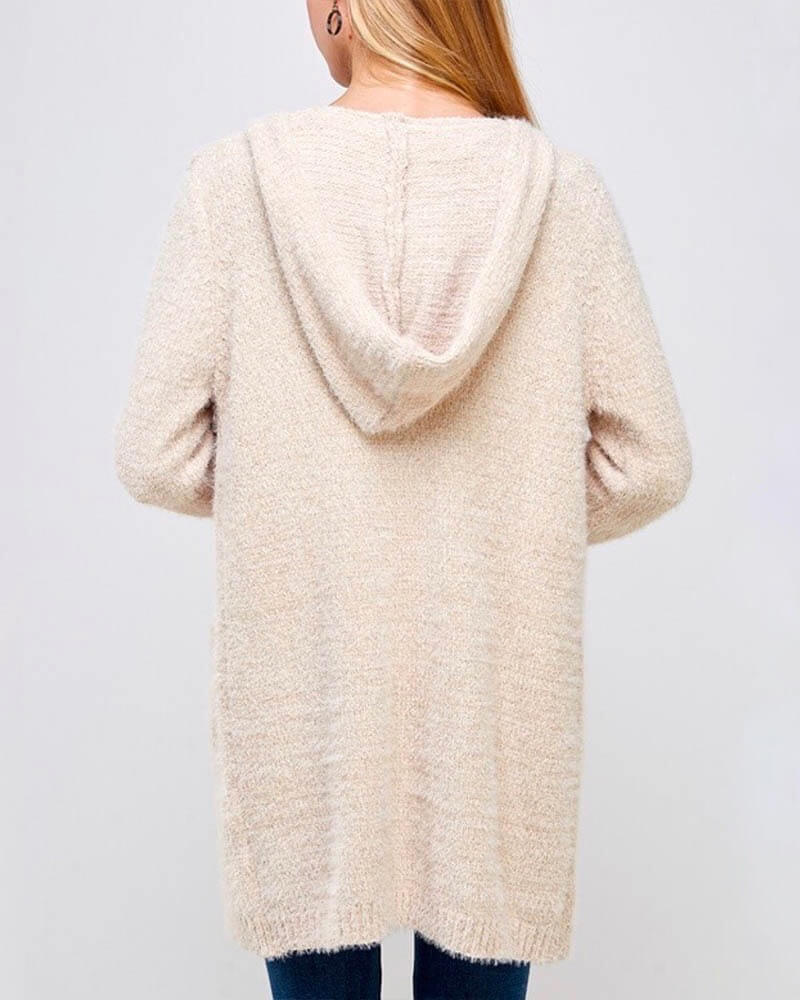 Fur Wonderland Hooded Fuzzy Longline Cardigan with Pockets - Cream