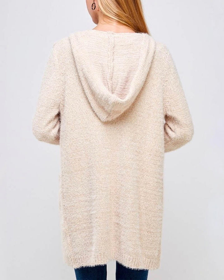 Fur Wonderland Hooded Fuzzy Longline Cardigan with Pockets - Cream