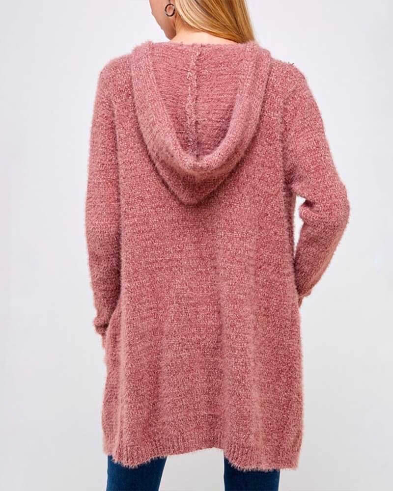 Fur Wonderland Hooded Fuzzy Longline Cardigan with Pockets - Marsala
