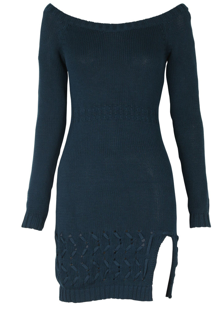 Final Sale - Somedays Lovin - Falling Free Knit Off The Shoulder Dress in Peacock