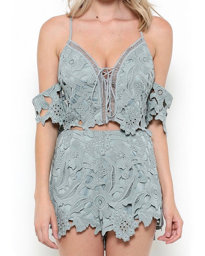 Wanderlust Floral Lace Off The Shoulder Two Piece Set in Slate Blue