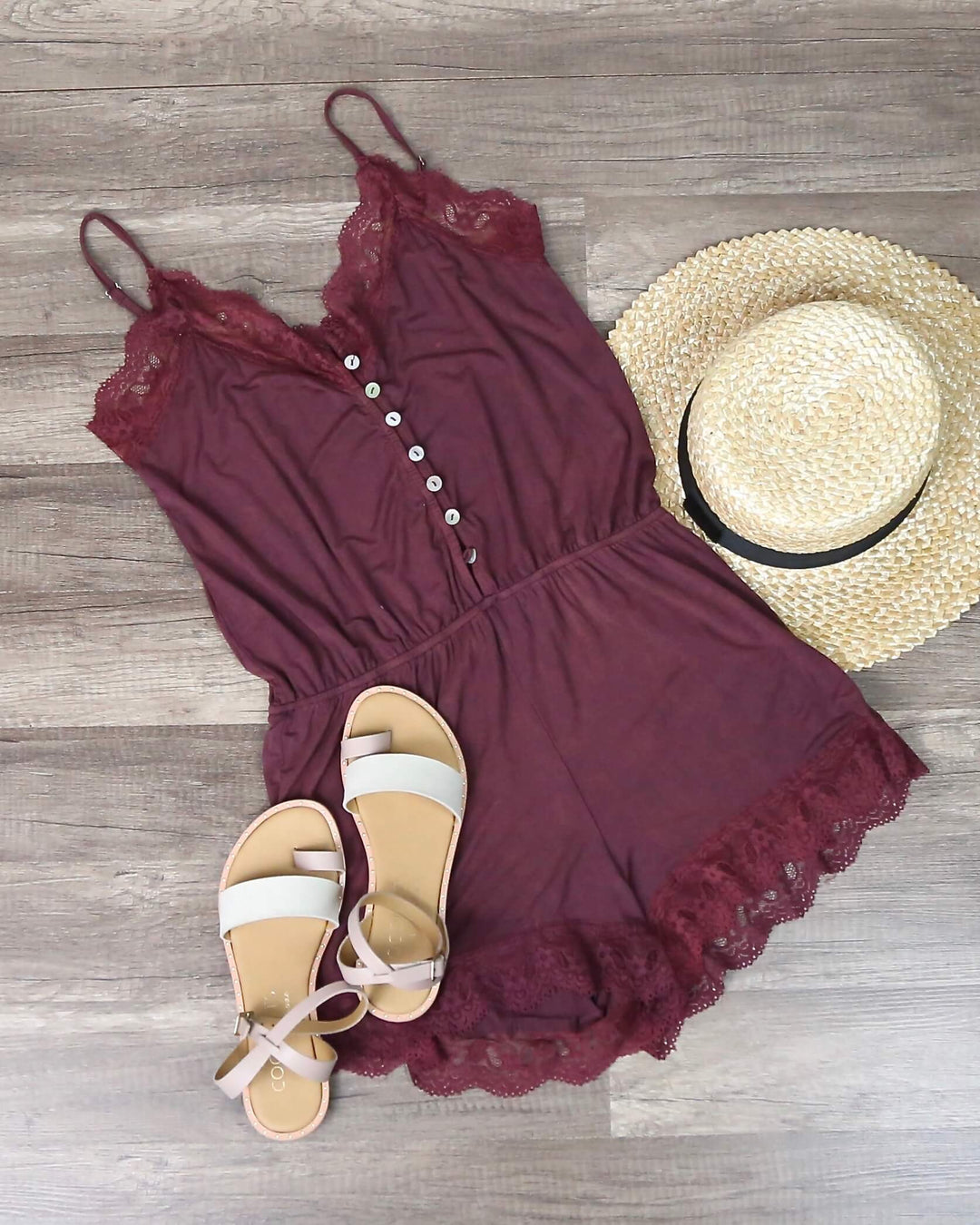 POL BSIC - Vintage Acid Wash Romper in Burgundy