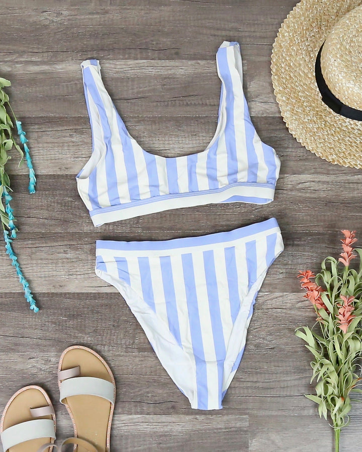 Dippin' Daisy's - Kylie Sporty Swim Top + Banded High Waist High Cut Cheeky Bottom - Sky Stripes